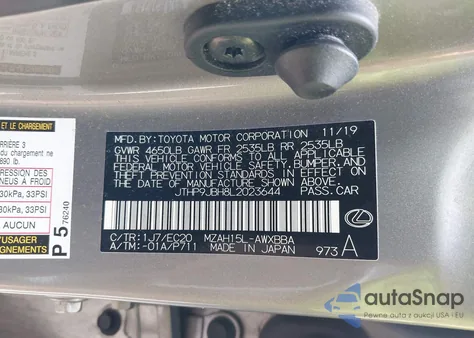 2020 Lexus Ux 250H z USA, uszkodzony, nr VIN JTHP9JBH8L2023644